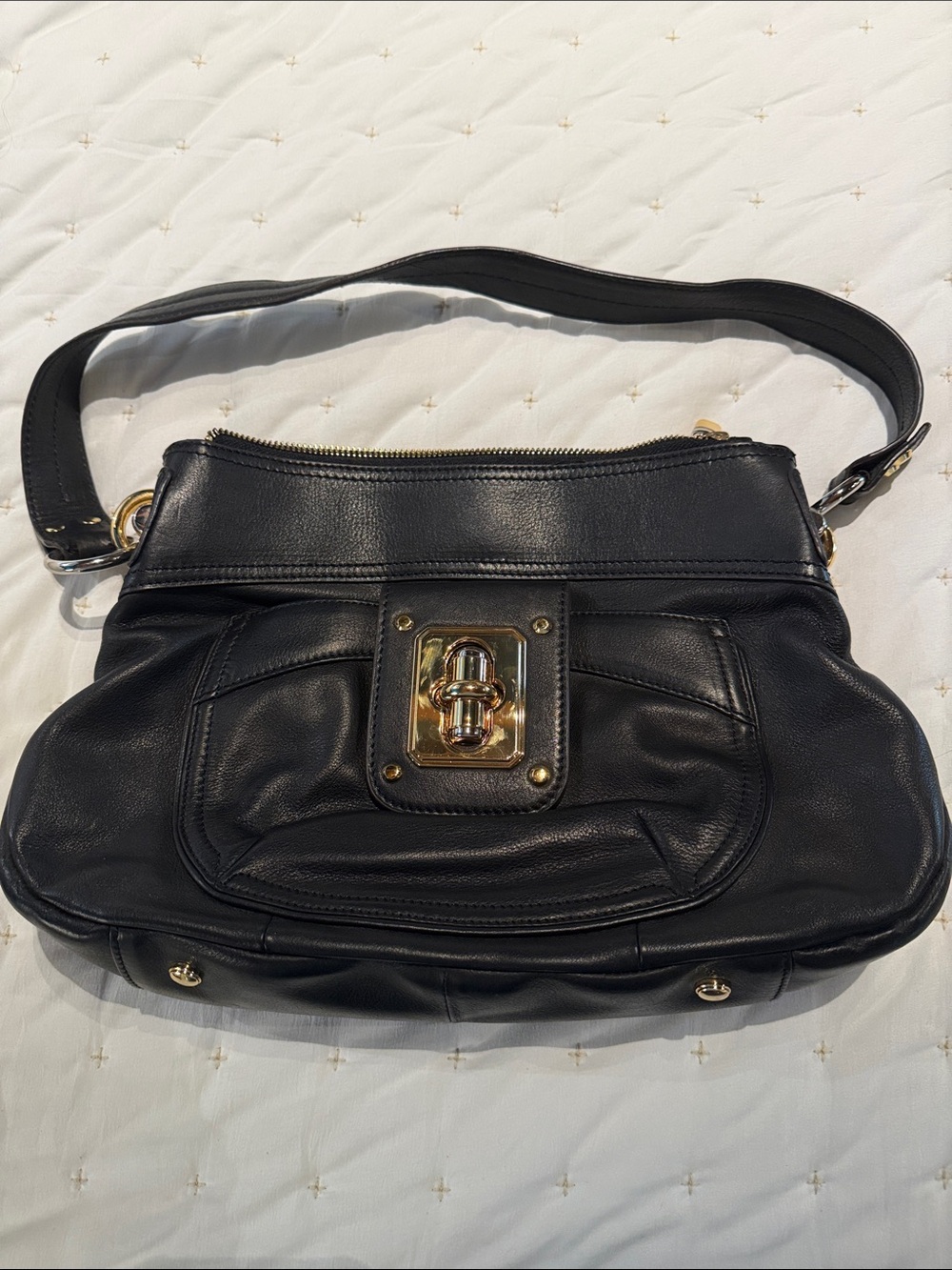 b. makowsky Black Leather Shoulder Bag with Gold Turn-Lock